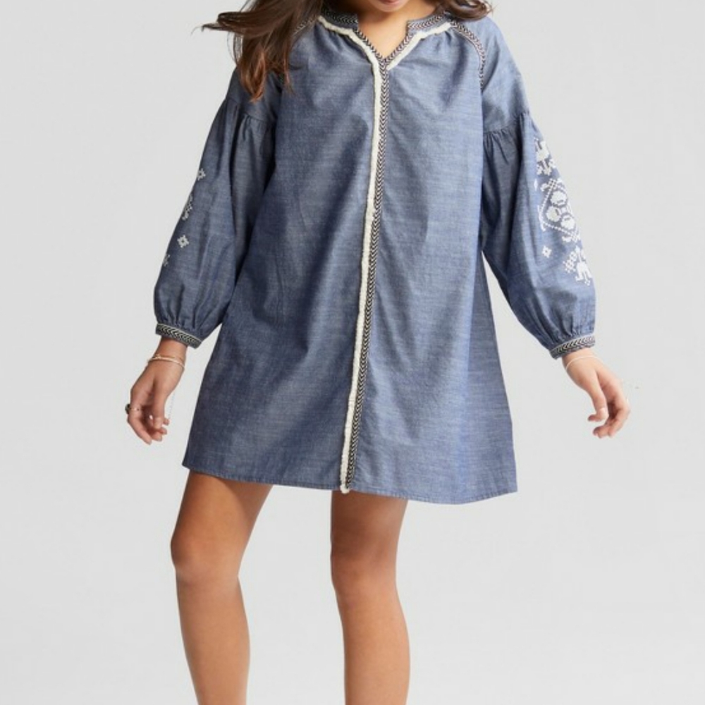 Girls Embroidered Boho Denim Dress